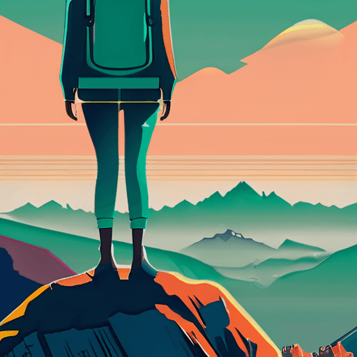 An adventurer standing on a mountain peak, overlooking a vast landscape with a sunrise in the background, symbolizing achievement and new opportunities.