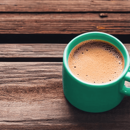 A fresh cup of coffee sits on a wooden table.